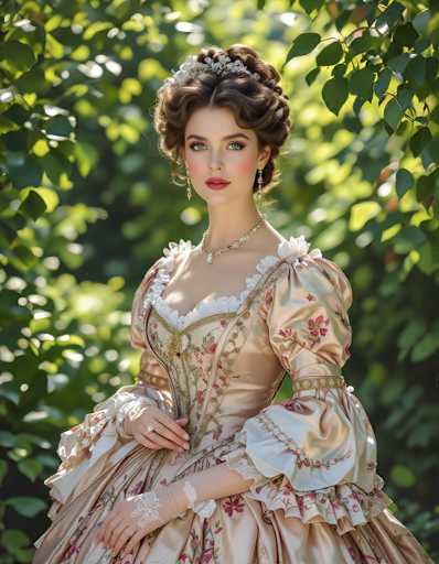The image depicts a young woman, possibly in her late teens or early twenties, dressed in an elaborate Victorian-style gown. The gown is a light pinkish-beige color adorned with intricate floral patterns in shades of pink, red, and green. The dress features a deep V-neckline with white lace trim and gold accents, puffy sleeves that taper into white lace at the elbows, and a voluminous skirt. She accessorizes with a gold necklace, dangling earrings, and a ring on her right hand. Her brown hair is styled in an updo with a floral headpiece, and she has striking green eyes, red lipstick, and blush on her cheeks. The background is a blurred green forest, suggesting an outdoor setting, possibly in the spring or summer. The woman is seated, with her left hand resting on her right arm, and she gazes directly at the camera.