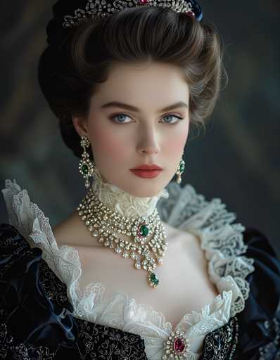 A woman with long brown hair is the central figure in this image. She is wearing a tiara and earrings that are made of gold and green gemstones. The tiara has a white lace trim around it, adding an elegant touch to her appearance. The earrings complement the tiara by featuring green gemstones that add a pop of color against the black background.