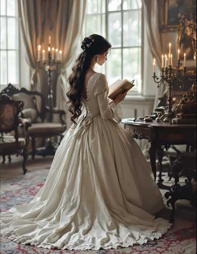 In this photograph, a woman dressed in an elaborate white gown reminiscent of a wedding dress is seated at a dark wooden desk. Her gown features a long, flowing skirt and a back that is open, adorned with a bow at the waist. She has long, dark brown hair cascading down her back, and she wears a single earring in her right ear. The woman is engrossed in reading a book, her gaze directed downward at its pages. 

The desk in front of her is cluttered with various items, including a large candlestick holding several lit candles. The room around her is richly decorated, with a large window adorned with white curtains and a candelabra with multiple lit candles. The floor is covered with a red and blue carpet, and the walls are painted white. In the background, there are several antique wooden chairs, adding to the room's elegant ambiance. The overall scene exudes a sense of timeless beauty and quiet contemplation.