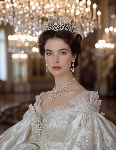A woman is captured wearing an elegant white dress with a large tiara and earrings. The tiara has a gold chain and a floral design on the base. She is standing against a backdrop of a grand room filled with chandeliers that cast a warm glow throughout the space, creating a sense of opulence and luxury.