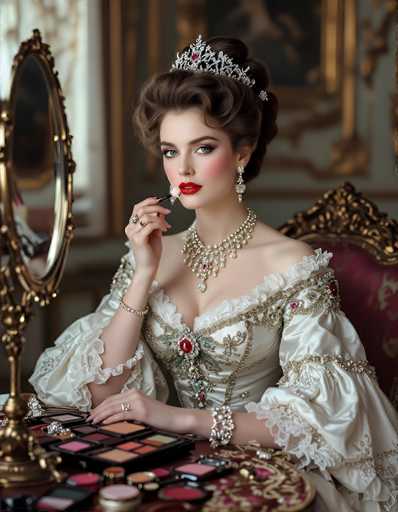 The image portrays a young woman, possibly in her late teens or early twenties, seated at a table adorned with an array of makeup items, including lipsticks, blushes, and eye shadows. She is dressed in an elaborate white gown reminiscent of a ball gown, featuring intricate gold and silver beading, and adorned with a prominent red jewel at the center. Her attire is complemented by a thick, ornate necklace and a bracelet made of pearls. She wears a silver tiara with a red jewel at its center, and her dark brown hair is styled in an elegant updo. Her makeup is meticulously applied, with bright red lipstick and blush highlighting her cheeks. She is holding a brush with a pink tip, likely used for applying makeup. The background reveals a luxurious setting with a gold-framed mirror, a gold-trimmed chair, and a white wall, enhancing the opulent atmosphere of the scene.
