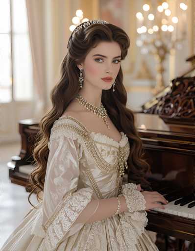 The image depicts a young woman, possibly in her late teens or early twenties, seated at a grand piano in an opulent room. She has long, wavy brown hair cascading down her back and is adorned with a silver tiara. Her attire is a luxurious, cream-colored gown embellished with intricate gold embroidery and lace details, including a bustle and puffy sleeves. She accessorizes with a thick, jeweled choker necklace, dangling earrings, and a bracelet on her left wrist. The woman is positioned with her body facing the piano, but her head turned towards the camera, her expression neutral. Her left hand rests on the piano keys, suggesting she is in the midst of playing or about to play. The background features a large window with a white curtain, a chandelier, and a brown wooden piano, enhancing the room's elegant ambiance.