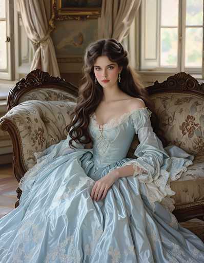 The image depicts a young woman, possibly in her late teens or early twenties, seated on an ornate, vintage-style sofa. She is dressed in a light blue, Victorian-era gown adorned with intricate white lace details, including a lace collar and sleeves that extend to her elbows. The dress features a low neckline and a corset-like bodice. Her long, dark brown hair is styled with the top half pulled back and the rest cascading down her shoulders. She wears long, dangling earrings and a ring on her right hand, which rests on her lap. The woman has fair skin and blue eyes, and she gazes directly at the camera with a neutral expression. The background reveals a room with large windows framed by white curtains, a blue wall, and a gold-framed picture. The overall scene exudes a sense of historical elegance, reminiscent of a bygone era.