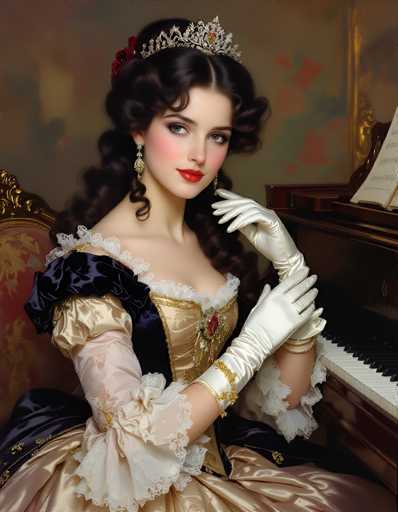 The image depicts a young woman, possibly in her late teens or early twenties, seated at a piano. She is dressed in an elaborate, old-fashioned ball gown that features a gold bodice with a black corset-like top, adorned with lace and frills. The dress has puffy sleeves that transition from white to pink to gold, and a large, flowing skirt. She wears long white gloves that extend to her elbows, and her dark brown hair is styled in curls, partially covered by a silver tiara with a red flower. Her makeup includes red lipstick, and she wears diamond earrings. The woman is seated on a gold and red chair, with her left hand resting on the piano and her right hand raised near her face. The piano, which is brown with white and black keys, has sheet music placed on top. The background is a blurred mix of green, blue, and red hues, adding to the overall vintage feel of the scene.