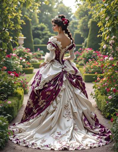 In this captivating photograph, a woman stands gracefully in the center of a meticulously manicured garden, her back to the camera. She is adorned in a stunning, old-fashioned ball gown reminiscent of a Cinderella-style dress. The gown features a white and burgundy color scheme, with intricate gold floral patterns adorning the fabric. The dress has a low-cut back, a corseted bodice, and voluminous sleeves that are white with burgundy accents. The skirt is voluminous and flowing, with a white base and burgundy edges, creating a dramatic train that extends behind her.

Her dark brown hair is elegantly styled in a long braid that drapes over her right shoulder, and she wears a silver tiara embellished with red flowers and green leaves. She also sports long, dangling earrings that complement her regal appearance.

The garden setting around her is lush and vibrant, with a variety of flowers in shades of pink, red, and white, as well as green bushes and trees. A stone pathway runs through the garden, leading to a white fountain visible in the background. The scene is bathed in sunlight, enhancing the vivid colors and creating a serene, picturesque atmosphere.