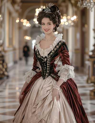 A stunning photograph captures a woman in an exquisite, period-style gown reminiscent of the 1800s. The dress features a striking combination of red velvet and white satin, with intricate white lace detailing around the neckline and sleeves. The bodice is adorned with a black corset-like structure, adding to the dress's elegance. Her hair is styled in an elaborate updo, and she wears a silver tiara that complements her ornate jewelry, including a diamond necklace, earrings, and a bracelet. The woman's radiant smile and bright red lipstick enhance her regal appearance. She stands in a grand, opulent hallway with a marble floor, gold accents, and chandeliers, exuding an air of nobility. In the background, a blurred figure dressed in black adds depth to the scene, while the overall setting suggests a luxurious, historical environment.
