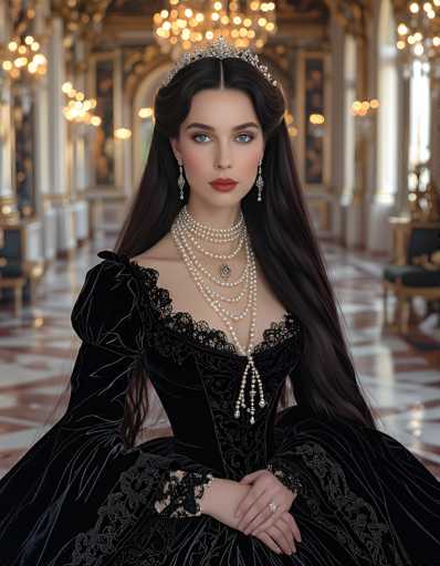 A stunning portrait of a woman in her 20s or 30s, with fair skin and long, dark brown hair cascading down to her waist. She is adorned in a luxurious black velvet gown, intricately detailed with lace and embroidery. The dress features a deep V-neckline and puffy sleeves that taper into elegant lace cuffs. Her ensemble is complemented by a regal silver tiara, delicate earrings, and multiple strands of pearls, with a prominent pendant hanging from the longest strand. The woman's striking blue eyes and red lips add to her captivating appearance. She stands gracefully in a grand, opulent hallway, reminiscent of a palace, with ornate gold-framed artwork and chandeliers illuminating the space. The floor beneath her is a rich mosaic of white and red tiles, adding to the overall grandeur of the scene.