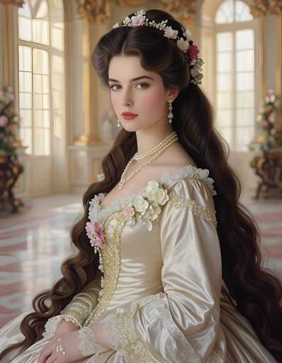 A woman with long brown hair wearing a white dress adorned with pink and gold flowers sits on a bench in front of a window, her gaze directed towards the camera.