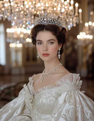The image portrays a young woman, likely in her early 20s, dressed in an elaborate white ball gown adorned with intricate silver beading and frills. She wears a stunning diamond tiara, matching diamond earrings, and a diamond choker necklace, all of which catch the light beautifully. Her dark brown hair is styled in an elegant updo, and she has striking green eyes and pink lips. The background is blurred but reveals a grand setting with numerous chandeliers, suggesting a luxurious ballroom or castle hall. The overall scene exudes an air of regality and elegance, reminiscent of a princess or a figure from a historical period.