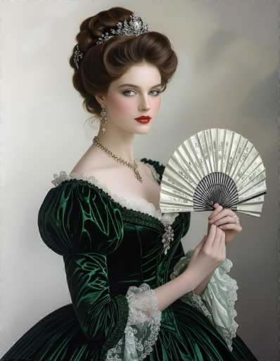 This image depicts a young woman, likely in her early 20s, dressed in an elaborate Victorian-style outfit. She is wearing a dark green velvet gown adorned with intricate white lace details, including a frilly collar and ruffles at the sleeves. Her hair is styled in an ornate updo, featuring curls and waves, and she wears a silver tiara embellished with a large white jewel at the center. Her makeup is striking, with bright red lipstick, rosy cheeks, and blue eyes accentuated by dark eyeliner. She holds a silver fan with a black center in her left hand, which is adorned with rings on her fingers. A silver necklace with a central pendant rests around her neck, and she wears dangling earrings. The background is a muted gray, and the image appears to be a highly detailed, possibly AI-generated or painted, portrait.