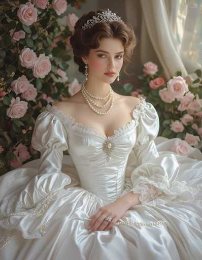 A woman is seated on a chair with her hands resting on her lap and wearing a white dress adorned with pearls and a tiara. The background features pink roses and a window draped in white curtains.