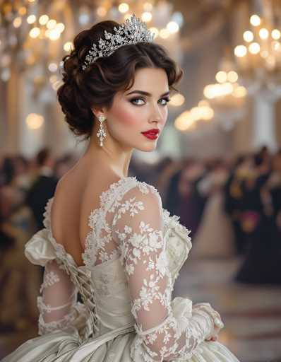 A stunning photograph captures a young woman, likely in her late 20s, dressed in an exquisite white wedding gown. The gown features a deep V back adorned with intricate lace detailing, and the sleeves are made of sheer, white lace that extends from her shoulders to her wrists. Her dark brown hair is elegantly styled in an updo, complemented by a silver tiara that adds a touch of regal charm. She wears long, dangling earrings that sparkle with diamonds and pearls, perfectly matching her sophisticated look. Her makeup is meticulously applied, with bold red lipstick and a touch of blush on her cheeks, highlighting her striking blue eyes. The woman is posed with her back to the camera but has turned her head to gaze over her shoulder, exuding confidence and grace. The background is softly blurred, revealing a grand ballroom with tall ceilings and ornate chandeliers, filled with elegantly dressed guests. The overall ambiance suggests a high-end wedding reception, with the focus firmly on the radiant bride.