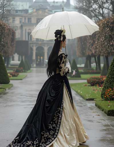 A woman dressed in an elegant black and gold dress with a white parasol is walking down a path in a park on a rainy day.