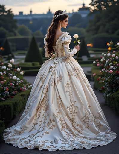 In this captivating image, a woman stands gracefully in a lush garden, adorned in a stunning white dress with intricate gold floral embroidery. The dress features a voluminous skirt that flares out dramatically, complemented by puffy sleeves and a low-cut back. Her long, dark brown hair cascades down her back, partially tied up with a delicate white ribbon. She wears a silver tiara that adds a touch of regal elegance to her ensemble, and her face is adorned with red lipstick and dangling earrings.

The woman holds a single white rose in her left hand, which is positioned in front of her. She stands on a gray pathway, surrounded by vibrant greenery. To her left and right, there are lush bushes and trees, with the right side showcasing a mix of pink and white flowers. In the background, a majestic castle with numerous towers looms, adding a fairy-tale ambiance to the scene. The sky above is a serene blue, dotted with a few clouds, completing this picturesque and enchanting setting.