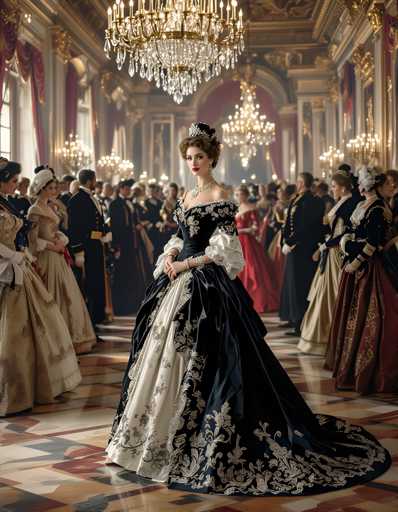 The image depicts a woman wearing an elaborate black and white dress with gold accents, standing in the center of a grand room filled with other elegantly dressed people. The room is ornately decorated with chandeliers hanging from the ceiling, creating a sense of opulence and grandeur.