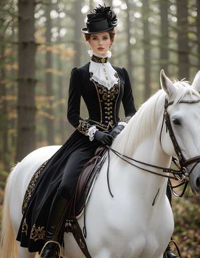 In this captivating photograph, a woman is elegantly posed atop a majestic white horse, set against the serene backdrop of a dense forest. The horse, adorned with a brown leather bridle, gazes off to the right, its pristine coat gleaming in the soft light. The woman, exuding sophistication, is dressed in a striking black Victorian-style dress, intricately detailed with gold accents. Her ensemble includes a black top hat embellished with a plume of black feathers, and her hair is styled in an elegant bun. She wears black gloves and knee-high black boots, completing her refined look. The dress features a white ruffled collar and a gold-trimmed bodice, adding to the overall grandeur of her appearance. The image captures her from the knees up, emphasizing her poised posture and the harmonious connection between rider and horse.