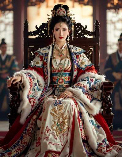 The image depicts a regal woman, possibly of Asian descent, seated on an ornate throne. She is adorned in a luxurious, intricately designed dress that features a white base with elaborate patterns in red, blue, and gold. The dress is further embellished with fur trim along the sleeves and bottom. Her hair is styled in an elaborate updo, crowned with a golden headpiece that includes a jewel hanging between her eyes. She wears long, dangling earrings and multiple rings, adding to her majestic appearance. The throne she sits on is dark brown, with intricate carvings and a pointed top. In the background, two men dressed in traditional kimonos can be seen, though they are blurred and out of focus. The setting appears to be indoors, with light streaming through windows, suggesting it is daytime. The overall scene exudes a sense of grandeur and historical significance.