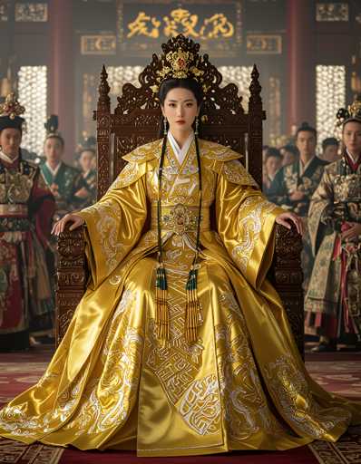 The image depicts a woman wearing an elaborate gold and white dress with intricate embroidery, seated on a throne-like chair. The setting appears to be a grand room or palace, as indicated by the presence of other people in the background who are also dressed in similar regal attire.