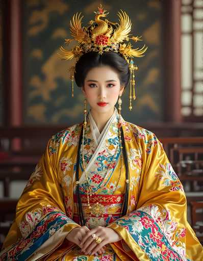 This image features a young Asian woman, likely of Japanese or Chinese descent, adorned in traditional attire. She wears an elaborate gold dress with intricate floral patterns in shades of red, blue, and white. The dress is complemented by a red sash around her waist, which is embellished with a large gold brooch. Her black hair is styled in an updo, and she wears a striking gold headdress resembling a phoenix, complete with a red flower and golden accents. She accessorizes with long, dangling gold earrings and multiple rings on her fingers. The background is blurred, revealing hints of a wooden chair and a wall with a greenish-blue hue and gold designs. The woman gazes directly at the camera, exuding a sense of regal poise and elegance.