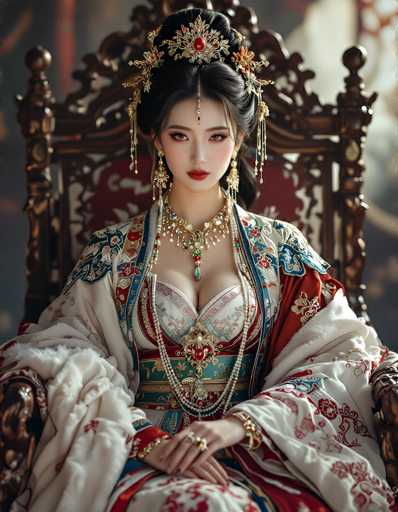The image depicts a young Asian woman, possibly Japanese or Chinese, seated on an ornate wooden throne with intricate carvings and a red cushion. She is dressed in a traditional, elaborate gown that features a mix of white, red, and blue colors, adorned with floral patterns. The dress has a revealing top that exposes her cleavage, and she wears a matching shawl draped over her shoulders. Her black hair is styled in an updo, crowned with a golden headpiece embellished with red jewels and intricate designs. A jewel dangles from her forehead, adding to her regal appearance. She accessorizes with multiple gold bracelets, rings on her fingers, and a long necklace that extends down to her waist. The woman's expression is serious, and she gazes directly at the camera, exuding an air of solemnity and dignity.