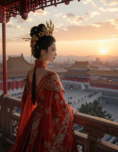 A woman dressed in traditional Chinese clothing stands on a balcony overlooking a cityscape at sunset. The woman is wearing a red and gold headpiece with a gold crown, and the balcony has a wooden railing.