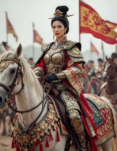 A woman dressed in traditional Chinese armor and a headdress is riding a white horse with gold accents on a dirt road surrounded by red flags.