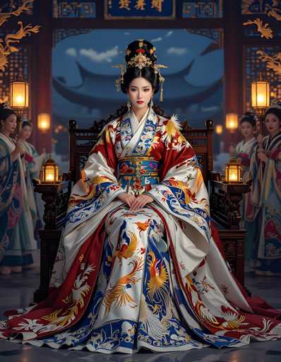 The image depicts a young Asian woman, possibly Japanese or Korean, seated on a wooden throne-like chair. She is adorned in a traditional kimono that features a vibrant mix of red, white, blue, and gold, with intricate designs including peacocks and other birds. Her hair is elegantly styled in a bun, decorated with ornate gold and red jewelry, and she wears long, dangling earrings. The woman's expression is serious, and she gazes directly at the camera with her hands clasped in her lap. Surrounding her are four women, two on each side, who are dressed in similar traditional attire and holding lit lanterns. The background reveals a large window through which a night sky with clouds is visible, and a pagoda-like structure can be seen outside. The setting appears to be a grand palace or temple, with ornate decorations and a gray floor.