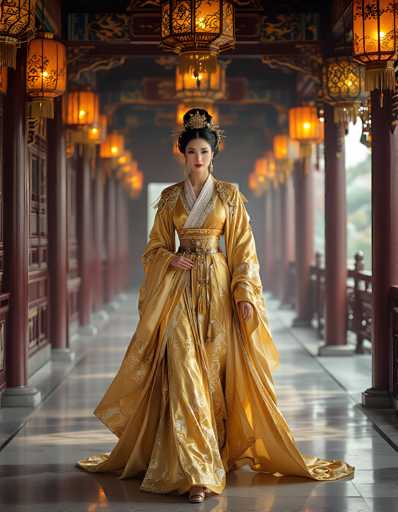 The image depicts a young Asian woman, possibly of Chinese or Japanese descent, standing in a long, ornate hallway that resembles a traditional Asian palace. She is dressed in an elaborate, golden-yellow gown adorned with intricate white embroidery and a white sash around her neck. Her hair is styled in an elegant updo, embellished with a golden ornament. She wears long, dangling earrings and a golden belt around her waist. The hallway features red pillars on both sides, with lanterns hanging from the ceiling, casting a warm glow. The floor is made of shiny marble, and the walls are decorated with traditional Asian designs. The woman stands confidently, with one hand on her hip and the other by her side, looking directly at the camera. The background is slightly blurred, emphasizing her presence in the foreground.