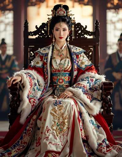 The image depicts a woman wearing traditional Chinese clothing and a crown, seated on a throne-like chair with a red and gold headdress. The background shows other people dressed in similar attire, suggesting the scene is set in a historical or cultural context.