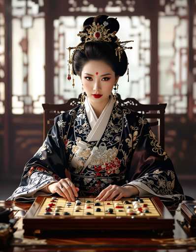 A woman dressed in traditional Chinese clothing is seated at a table playing a game of chess. She wears a black and gold kimono with intricate floral designs on the sleeves and a matching headpiece adorned with a large red dot. The wooden table beneath her holds a chessboard, and she holds a small white object in her hand.