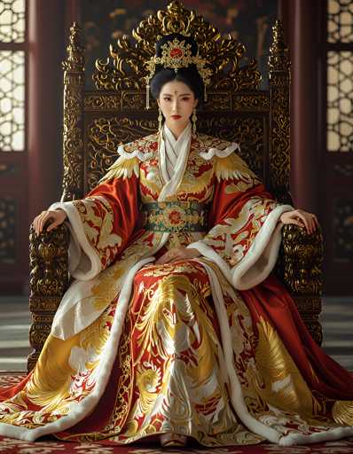 The image depicts a regal woman, possibly of Asian descent, seated on an ornate, throne-like chair. She is adorned in a luxurious, long dress that features a striking combination of red, gold, and white hues. The dress is embellished with intricate dragon designs and has a white fur lining along the edges. A prominent green sash with a red emblem cinches her waist, adding to her majestic appearance.

Her black hair is elegantly styled into a bun, accentuated by a golden crown that bears a red emblem. She wears long, dangling earrings and a red bindi on her forehead, further enhancing her royal look. The woman's hands rest gracefully on the armrests of the chair, and she gazes directly at the camera with a composed expression.

The chair she sits on is equally grand, crafted from dark wood and adorned with intricate gold designs. Behind her, the background features a red wall with windows that have black metal frames, adding to the opulent atmosphere of the scene. The overall composition suggests a setting of great importance and tradition, possibly within a palace or similar grand structure.