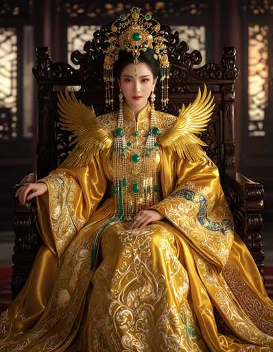 The image depicts a young Asian woman, possibly of Chinese or Japanese descent, seated on an ornate wooden throne. She is adorned in a luxurious, golden-yellow robe embellished with intricate white and blue patterns, and a prominent blue dragon motif on the sleeves. Her attire is further enhanced by large, golden wings extending from her shoulders and a grand necklace featuring green emerald-like jewels and pearls. Her headpiece, resembling a crown, is also adorned with similar green jewels and tassels, and it drapes elegantly over her forehead. The woman's black hair is styled in a bun, and she wears red lipstick, looking directly at the camera. The background is blurred, revealing a few windows and possibly a red carpet, suggesting an indoor setting. The overall composition and her regal appearance suggest she might be a queen or Empress, evoking a sense of ancient Asian royalty.