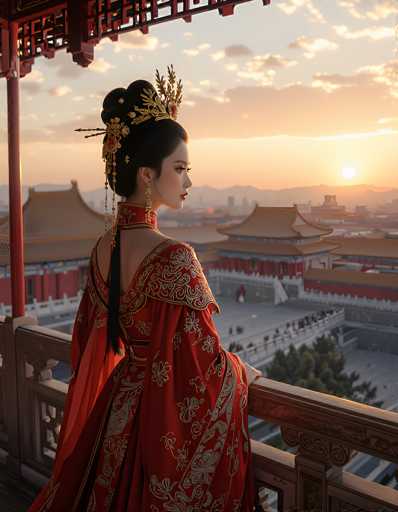 The image depicts a young Asian woman, possibly a geisha, standing on a balcony of a traditional Japanese-style building. She is adorned in a striking red dress with intricate gold floral patterns and a high collar. Her black hair is elegantly styled into a bun, accentuated by a golden headpiece and long, dangling earrings. The woman is positioned with her back to the viewer, gazing out over a cityscape at sunset. The sky is a blend of orange and gray hues, with the sun setting on the right side of the image. Below her, the city features several buildings with distinctive red walls and brown, curved roofs, reminiscent of pagodas. The scene is serene, with a few people visible in the distance, and the overall atmosphere evokes a sense of tranquility and cultural richness.