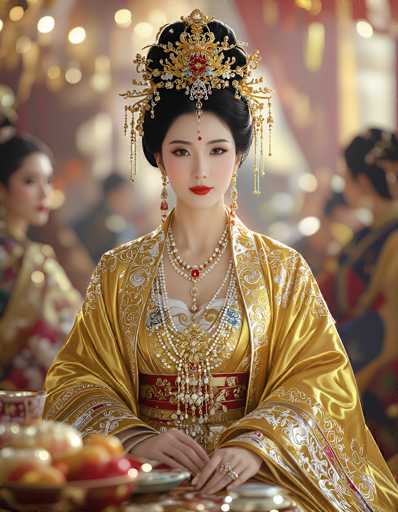 The image depicts a young Asian woman, possibly of Korean or Japanese descent, adorned in traditional royal attire. She is dressed in a luxurious gold robe embellished with intricate white and red patterns, and a red sash cinches her waist. Her ensemble is complemented by an array of jewelry, including a red necklace, multiple gold necklaces, and a large, ornate crown that sits atop her black hair. The crown features a prominent red jewel at its center, surrounded by smaller jewels and dangling gold chains. She wears long, dangling earrings and red lipstick, enhancing her regal appearance. The woman is seated at a table, with her hands resting on its surface, and a bowl of fruit is visible in front of her. The background is blurred, revealing the presence of other people, suggesting a formal or ceremonial setting.