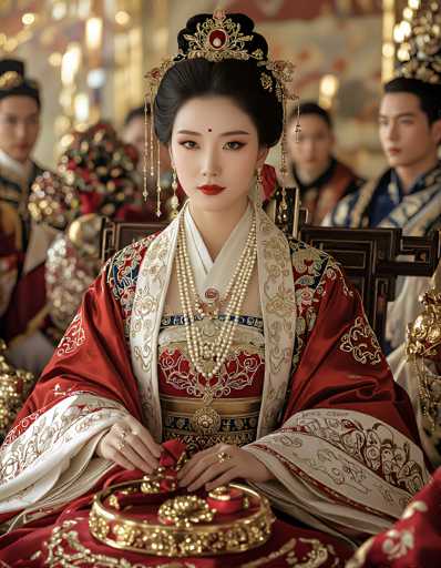 The image depicts a young Asian woman, possibly Japanese or Chinese, adorned in traditional attire. She is seated at a table draped with a red cloth, on which rests a golden crown. The woman wears an elaborate red robe with intricate gold and white designs, including a blue band around the waist. Her black hair is styled in a bun, adorned with a golden crown featuring a red jewel and dangling gold chains. She has a red dot on her forehead, red lipstick, and multiple strands of pearls around her neck, with a large pendant hanging from the middle. Her hands, which rest on the table, are adorned with several rings. In the background, several men dressed in traditional robes are visible, adding to the regal and ceremonial atmosphere of the scene.
