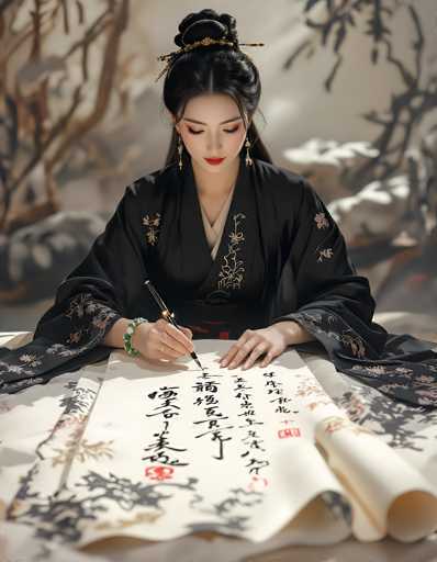 In this captivating image, a woman is deeply engrossed in calligraphy, her elegant pen poised over a large scroll of paper. She is adorned in a traditional black kimono, intricately decorated with delicate floral patterns. Her long, dark hair is styled in an elaborate updo, accentuated by a gold hair clip that adds a touch of regal elegance. She wears striking red lipstick and long, dangling earrings that complement her refined appearance. A green beaded bracelet adorns her wrist, adding a subtle pop of color. The background is softly blurred, featuring a serene landscape of trees and snow, which enhances the focus on her artistic endeavor. The scroll she is writing on is embellished with black ink characters and red seals, suggesting the creation of an important or ceremonial document. The overall composition exudes a sense of timeless beauty and cultural richness.