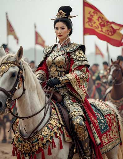 A majestic woman in elaborate ancient Chinese armor rides a white horse, surrounded by a large army of soldiers and banners. The scene is set in a historical battleground with a muted, overcast sky. The woman's armor is intricately detailed with gold and red patterns, and she wears a matching headdress. Her expression is determined and regal, with her lips slightly parted as if speaking or commanding. The horse's saddle is equally ornate, and the scene exudes a sense of power and historical grandeur.