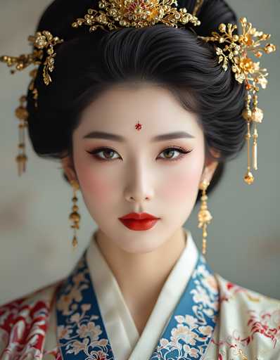 This image features a close-up of a young Asian woman, possibly Japanese or Korean, with a serene and composed expression. She has dark brown eyes and her black hair is elegantly styled in an updo, adorned with intricate gold and red jewelry that includes floral and vine-like designs. Her makeup is meticulously applied, with a pale white base, pink blush, and striking red lipstick. A small red dot, likely a bindi, is centered on her forehead. She wears long, dangling gold earrings that complement her traditional attire. Her outfit is a kimono, predominantly white with blue and red floral patterns, and a blue collar. The background is a muted gray, which accentuates the detailed and vibrant elements of her appearance.
