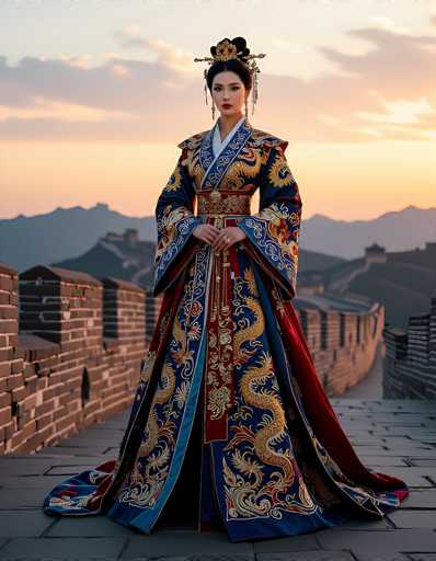 A stunning photograph captures a young Asian woman standing majestically on the Great Wall of China. She is adorned in an exquisite, ornate dress that exudes regal elegance. The dress features a striking combination of navy blue, gold, and red hues, with intricate dragon designs woven into the fabric. The dragon's scales are depicted in gold, while its body is highlighted with red accents. The dress is further embellished with a red sash around the waist, adding to its grandeur.

The woman's hair is styled in an elaborate updo, and she wears a golden headpiece that complements her attire. Her long, dangling earrings add a touch of sophistication to her look. She stands with her hands clasped in front of her, exuding poise and grace.

The backdrop of the photograph is equally breathtaking, with the Great Wall stretching into the distance, its brick structure a testament to ancient craftsmanship. Beyond the wall, a range of mountains can be seen, their silhouettes softened by the setting sun. The sky is painted in warm shades of orange and pink, with clouds tinged in gray, creating a serene and picturesque atmosphere. This image beautifully captures the harmony between the woman's regal presence and the timeless beauty of the Chinese landscape.