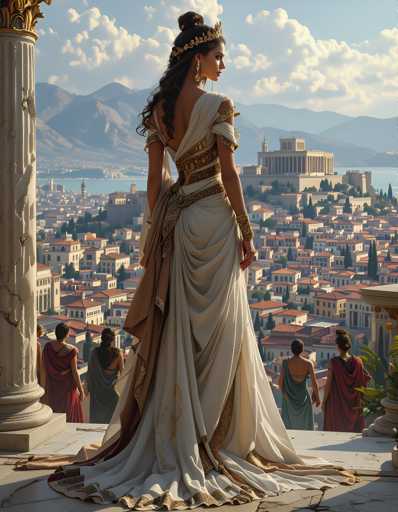 The image depicts a woman wearing a white dress with gold accents and a crown on her head, standing atop a stone pedestal overlooking a cityscape of buildings and mountains. The perspective is from below the woman, looking up at her.