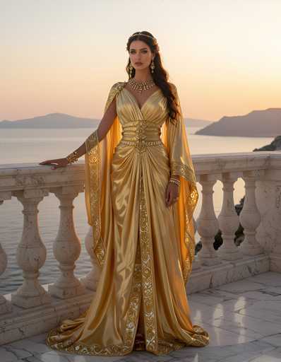 A woman stands on a balcony overlooking the ocean at sunset. She is wearing a gold dress with a deep V-neckline and long sleeves, paired with earrings and bracelets. The sky behind her is painted in hues of orange and pink, creating a warm glow that contrasts with the cool blue of the water below.
