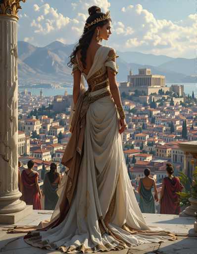 The image depicts a detailed, computer-generated scene of a woman standing on a stone balcony, overlooking a city that resembles ancient Athens. She is adorned in a long, flowing white dress with intricate gold trim and a gold belt, and her hair is styled in a bun with a gold crown. The woman is positioned centrally, gazing to her right, with her back to the viewer. Surrounding her are five other women, each wearing colorful robes in shades of red, blue, and green, all facing the cityscape. The city below features numerous white buildings with red roofs, extending towards a body of water. In the distance, a prominent structure resembling the Parthenon stands atop a hill, framed by mountains and a blue sky dotted with white clouds. The scene is rich in colors, including white, gold, red, blue, green, and brown, and the overall setting suggests a historical or fantasy context.
