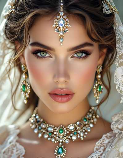 This image features a close-up of a young woman, likely in her late teens or early twenties, with a strikingly beautiful appearance. She has fair skin, accentuated by a touch of blush on her cheeks and a subtle application of lipstick. Her eyes are a captivating greenish-blue, framed by long eyelashes and well-defined eyebrows. Her brown hair is styled in an elegant updo, adorned with a white lace veil that drapes over her head.

The woman is wearing an elaborate piece of jewelry that resembles a crown, featuring a prominent blue teardrop-shaped gem at its center, surrounded by smaller blue and white stones. This ornate headpiece extends down to her forehead, adding a regal touch to her look.

Her earrings are equally stunning, composed of green stones and white pearls, with intricate gold detailing. Around her neck, she wears a thick, ornate necklace that appears to be made of gold and silver, embellished with green stones, pearls, and additional white stones. The necklace is designed with a central pendant that hangs down, adding to the overall grandeur of her attire.

The background of the image is a soft, light blue, which complements the colors of her jewelry and enhances the overall elegance of the portrait.