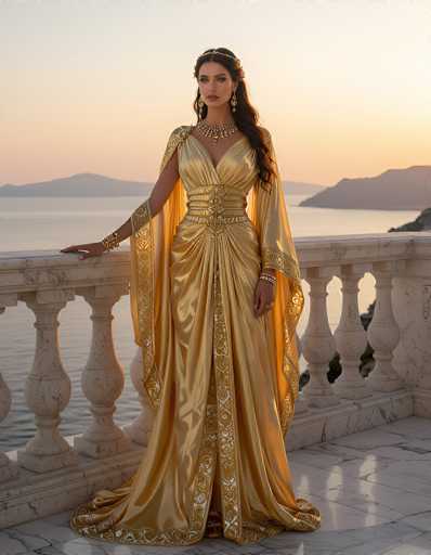 A stunning photograph captures a woman in a breathtaking, ancient Greek-inspired gold dress adorned with intricate white and gold patterns. The dress features a deep V-neckline, a fitted waist, and a flowing skirt that cascades to the floor, complemented by a luxurious cape. She stands gracefully on a marble balcony, her right hand resting elegantly on the marble railing. Her long, wavy brown hair is crowned with a delicate tiara, and she wears a large, ornate necklace along with dangling earrings. The balcony overlooks a serene body of water, possibly a lake or ocean, with majestic mountains in the background. The sky is painted in soft hues of pink and yellow, suggesting either a sunrise or sunset, adding to the ethereal beauty of the scene.