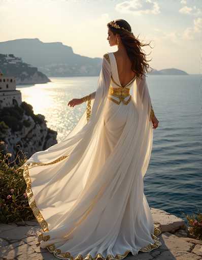 In this captivating image, a woman stands gracefully on a rocky outcrop overlooking a serene body of water. She is adorned in a stunning, flowing white gown that cascades down to her feet, embellished with intricate gold trim along the bottom hem. The dress features a dramatic open back, revealing her shoulders and upper back, and is cinched at the waist with a gold belt. Her long, wavy brown hair flows freely in the wind, and she wears a delicate gold tiara that complements her elegant appearance. The woman's right arm is extended outward, while her left arm rests by her side, and she gazes thoughtfully to the left. The rocky surface beneath her feet is interspersed with small green plants, adding a touch of nature to the scene. The water in front of her is calm, reflecting the sunlight, and the distant horizon is marked by a majestic mountain range. The sky above is a light blue, dotted with a few clouds, completing this picturesque and tranquil setting.