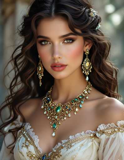 A stunning portrait of a woman with long, flowing brown hair and captivating green eyes. She is adorned in an elaborate, ornate gold and jewel-encrusted gown with intricate detailing on the neckline. Her makeup is glamorous, emphasizing her eyes and lips with a soft pink hue. She wears matching gold earrings that cascade down her shoulders, complementing the intricate necklace she wears. The overall lighting is soft and warm, highlighting the details of her attire and creating a luxurious, ethereal atmosphere. The background is softly blurred, drawing focus to the woman's face and elegant features.