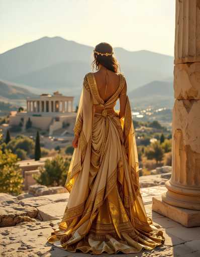 A woman stands on a stone platform overlooking a mountainous landscape. She is wearing a long gold dress with a high neckline and train, which flows down the length of her body. The mountains in the background are bathed in warm sunlight, casting long shadows across the scene.