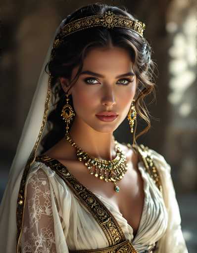 The image depicts a young woman, possibly in her late teens or early twenties, with a striking appearance that suggests she could be a model or even a movie star. She has long, dark brown hair styled in an elegant updo with a few loose curls framing her face. Her complexion is fair, and she has captivating green eyes accentuated by heavy makeup, including dark eyebrows, mascara, and lipstick. She is adorned with large, ornate gold earrings and a matching gold necklace featuring a prominent blue gemstone. Her attire is a white, lacy dress with intricate gold trim and a low-cut neckline, complemented by a white veil with gold trim that drapes over her shoulders. A gold headband sits atop her head, adding to her regal appearance. The background is blurred, with a mix of brown and white hues, ensuring that the focus remains entirely on her.