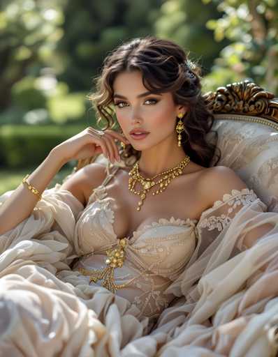 A woman is seated on a white chair with gold accents and a beige dress draped over her. She wears a gold necklace and earrings that sparkle under the light. The background features lush green trees and bushes, creating a serene and natural setting for the scene.