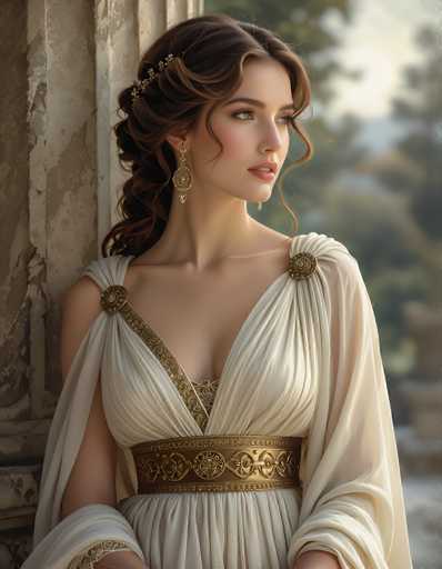 This image depicts a young woman, possibly in her late teens or early twenties, with fair skin and striking green eyes. She has long, dark brown hair styled in a half-up, half-down manner, with the top half pulled back and adorned with a delicate floral headband. Her hair cascades down her back, with a few loose strands framing her face. She is wearing large, ornate gold earrings that dangle elegantly from her ears.

Her attire is reminiscent of ancient Roman or Greek fashion, featuring a white, flowing gown with intricate gold accents. The dress has a deep V-neckline, revealing a hint of cleavage, and is secured with a gold band at the top of her shoulders. A prominent gold belt with a large buckle cinches her waist, and additional gold detailing runs diagonally across her chest. The dress also features a gold band at the bottom of the sleeves, which are slightly rolled up.

The woman is standing against a backdrop of a weathered stone wall, with the background blurred to emphasize her presence. She gazes off to the right, her expression serene and contemplative. The overall composition of the image, with its rich colors and classical elements, evokes a sense of timeless elegance and historical grandeur.